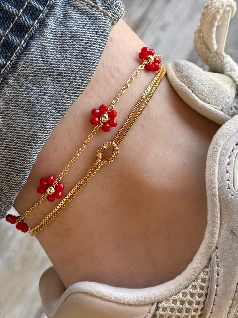 3/$40! Red Crystal Flower 14k Gold Plated Anklet Water Resistant Summer Jewelry